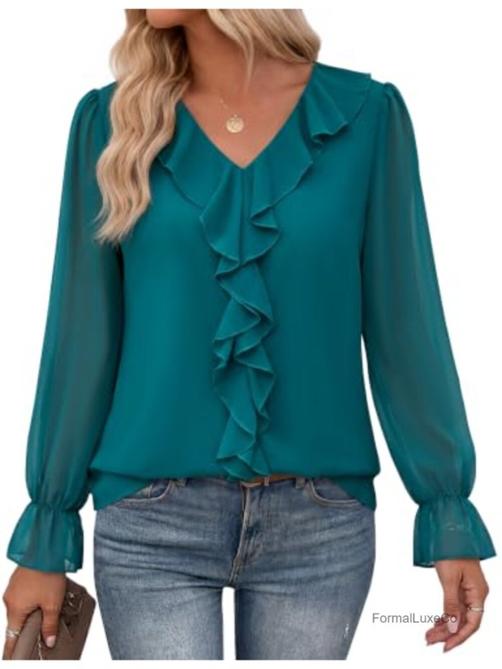 Women's Sheer Chiffon Long Sleeve Ruffle V-Neck Blouse Dressy Casual